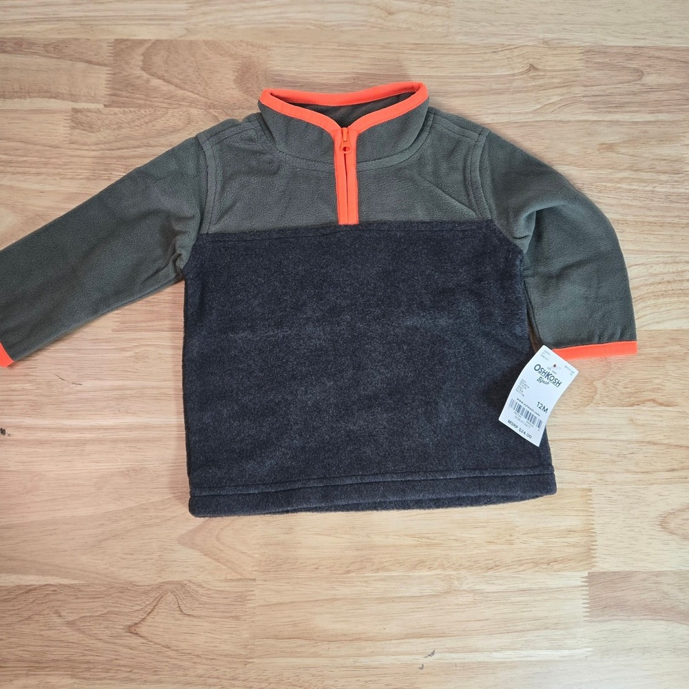 OshKosh B'gosh Baby Boys 12M Fleece Quarter Zip Pullover Olive Gray Orange NWT